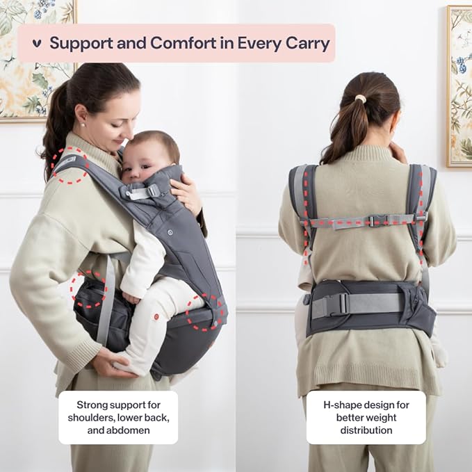 BabbleRoo Grow Carrier – Safety-Certified 6-in-1 Baby Carrier with Hip Seat, Ergonomic & Adjustable Toddler Carrier 7-50 lbs with Hip Support, Hood for Sun Protection, Newborn to Toddler, Gray