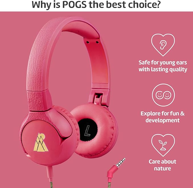 POGS Kids Wired Headphones | The Elephant 2 | Adjustable, Durable Headphones for Kids 3+ | Limited to 85 dB, Microphone | On-Ear | Music-Sharing Function Safe 3.5mm Audio Cable (3.2ft) (rPink)