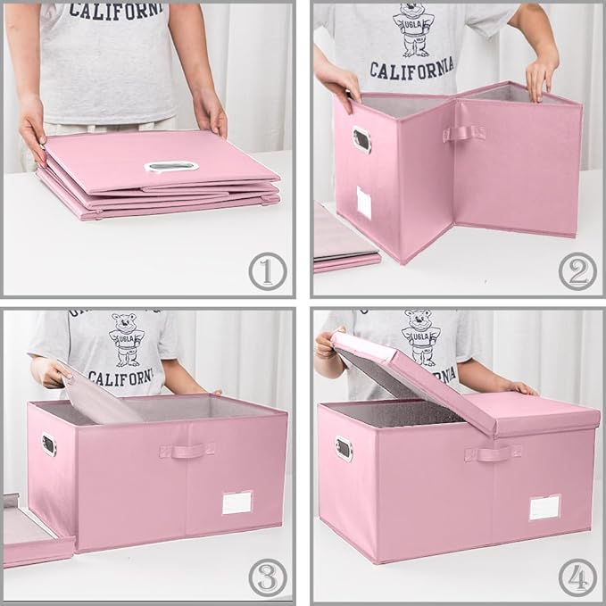 PRANDOM Collapsible Storage Box with Lid [1-Pack] Leather Fabric Foldable Storage Bin Organizer Container Basket Cube with Cover for Home Bedroom Closet Office Nursery Pink (22.8X15.7X11.8)