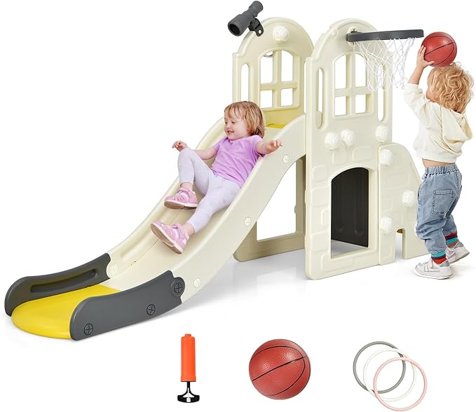 BABY JOY Toddler Large Slide, 6 in 1 Slide for Kids with Basketball Hoop, Ring Toss, 2 in 1 Convertible Climbing Way, Freestanding Kids Slide Climber Set for Indoors Outdoor Boys Girls Gifts Present