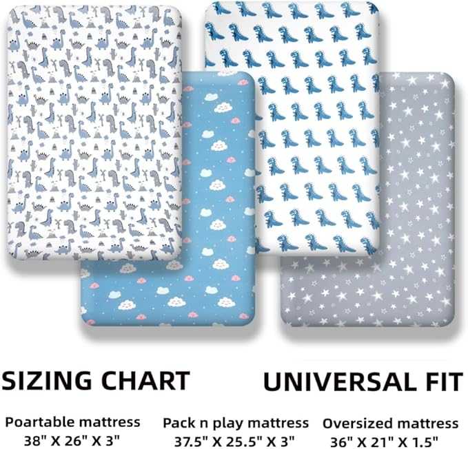 4 Pack Soft Baby Boy Sheets Dinosaur Star Cloud Soft Polyester Neutral Unisex Fitted Sheets Set for Baby Boys