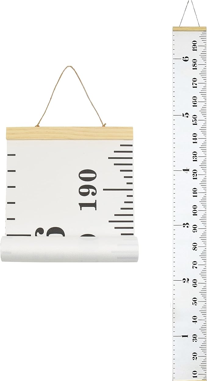 Kids Growth Chart, Wood Frame Fabric Canvas Height Measurement Ruler from Baby to Adult for Child's Room Decoration 7.9 x 79in (7.9 x 79in, White & Black)