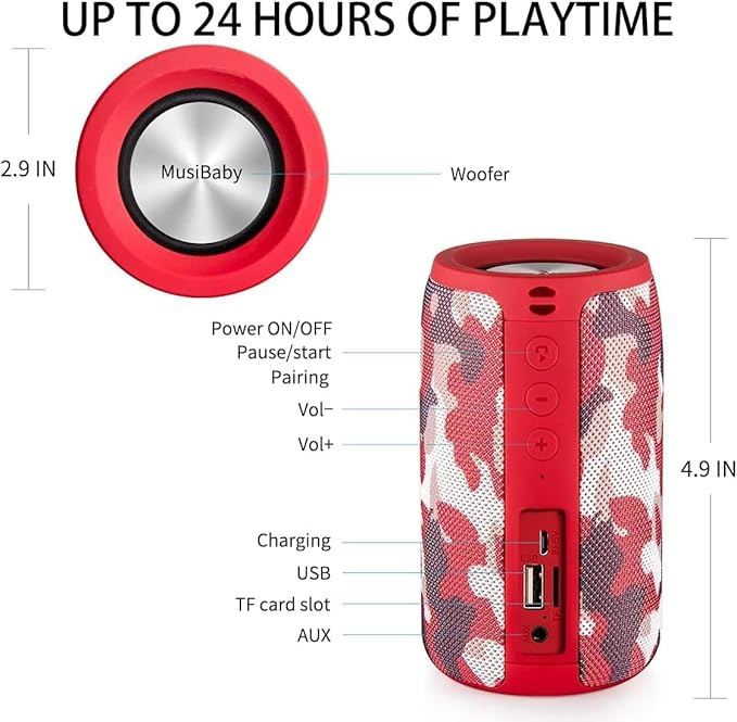 MusiBaby Bluetooth Speaker Wireless Portable, IPX5 Waterproof Bluetooth Speakers with Dual Pairing, 24H Playtime, Rich Stereo Bass for Home, Travel, Party, Outdoor | Electronic Gifts (Camo Red)