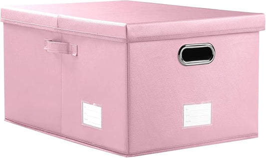 PRANDOM Collapsible Storage Box with Lid [1-Pack] Leather Fabric Foldable Storage Bin Organizer Container Basket Cube with Cover for Home Bedroom Closet Office Nursery Pink (22.8X15.7X11.8)