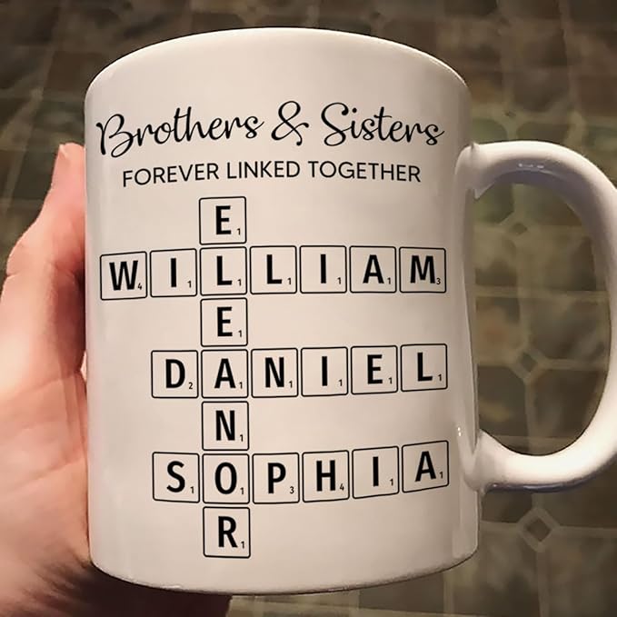 Family Forever Linked Together Custom Names Ceramic Mug, Crossword Puzzle Art, for Birthday, Anniversary or Special Occasions (Brothers & Sisters Forever Linked Together White Mug Ver 1)