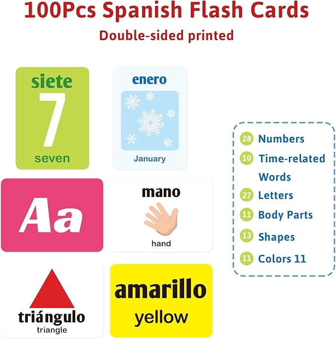 Ceiba Tree Spanish Flash Cards 100 English to Spanish Bilingual Flashcards Español Vocabulary Alphabet Number Colors Educational Learning Toys for Kids Adult Beginners Toddlers Grade School Classroom