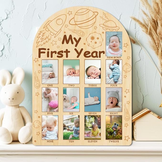 ORIGACH My First Year Baby Growth Photo Display Wood Board - 12 Months Newborn Milestones Photo Board - Neutral Baby Keepsake Board 1st Birthday Party Nursery Decor New Mom Gift - Space