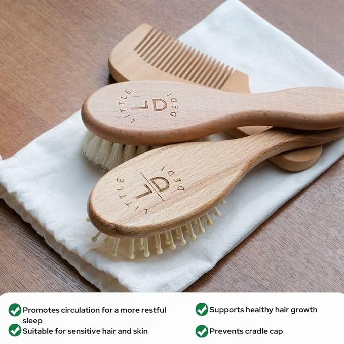 Premium Baby Hair Brush Set – Natural Goat Hair & Bamboo Bristle Brushes, Beechwood Comb, Cotton Pouch – Gentle Scalp Care for Newborns & Toddlers, Gift-Ready & Eco-Friendly