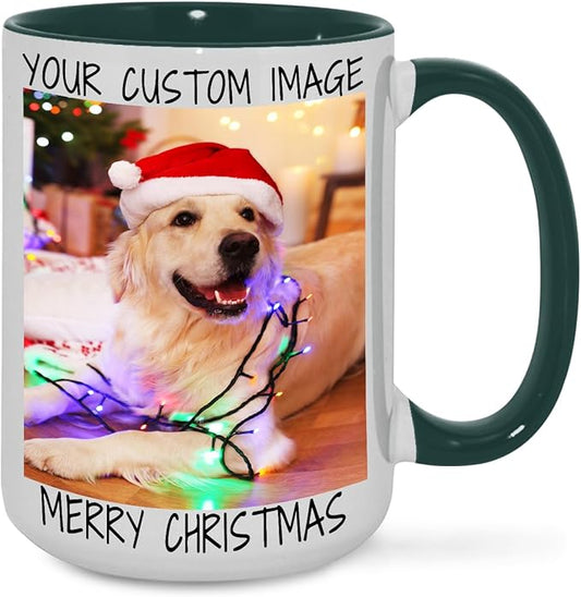 Ship Next Day Custom Mug Design Your Own Photo Text Personalized Picture Gifts for Women Men Customized Gifts Idea Personalized Coffee Mugs 15oz Dark Green Handle
