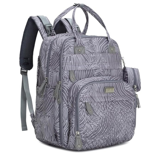 BabbleRoo Diaper Bag Backpack - Baby Essentials, Travel Essentials Baby Bag with Changing Pad, Stroller Straps & Pacifier Case - Unisex, Gray Swirls