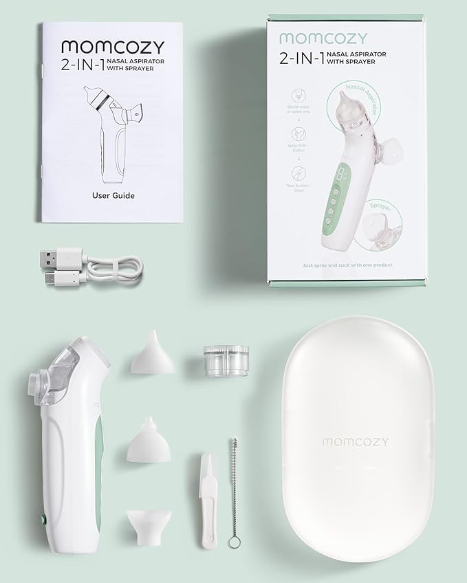 Momcozy BreezyClear™ 2-in-1 Electric Nasal Aspirator with Spray, Nasal Aspirator for Baby, 65kPa Nose Sucker with 4 Adjustable Suction Levels,Portable Electric Nose Cleaner,Light & Music Soothing