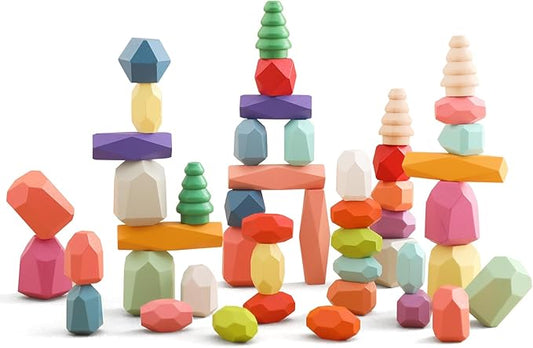 OESSUF Stacking Rocks 48Pcs Stacking Blocks Balancing Stacking Stones Wooden Building Toys Wood Stone Stacking Game for Toddler Sorting Preschool Educational Montessori Stacking Rocks for Kids