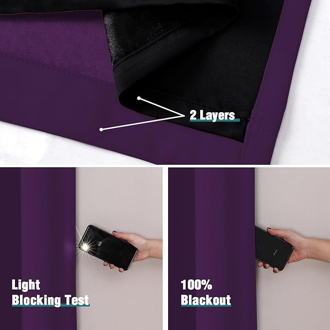 ChrisDowa 100% Blackout Curtains 102 inch Long for Bedroom with Black Liner, 2 Thick Layers Total Blackout Thermal Insulated Grommet Window Curtains 2 Panels Set (Royal Purple, 52 x 102 Inch)
