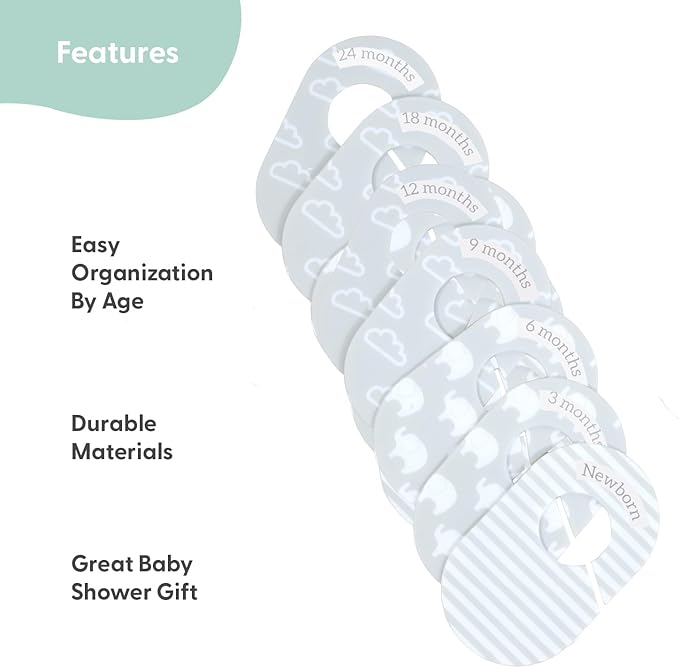 The Peanutshell 10 Pack Baby Closet Dividers Boy or Girl, Baby Clothes Organizer, Toddler Hanger, Closet Size Dividers, Nursery Organization for Clothing Storage, Newborn to 2T; Elephant Nursery Decor