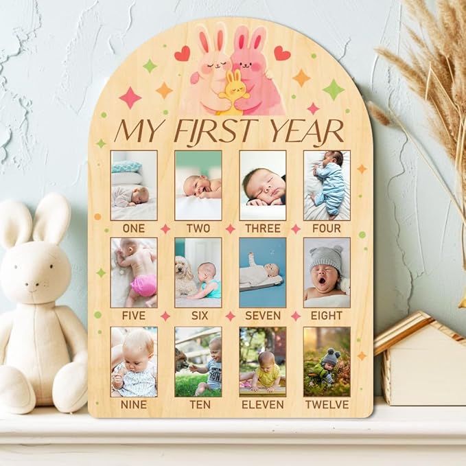 ORIGACH My First Year Baby Growth Photo Display Wood Board - 12 Months Newborn Milestones Photo Board - Neutral Baby Keepsake Frame 1st Birthday Party Nursery Decor New Mom Gift - Rabbit