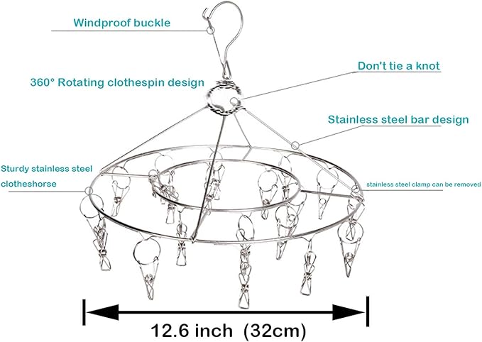 CenYouful Stainless Steel Round Hanging Drying Rack with 20 Clips for Drying Socks, Baby Clothes, Bras, Towel, Underwear, Hat, Scarf, Pants, Gloves