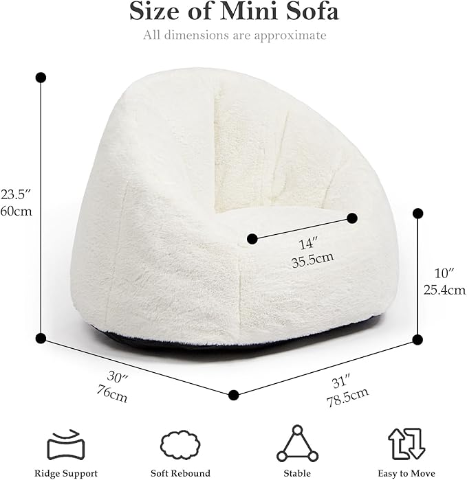 N&V Small Bean Bag Chair for Kids, Children Mini Bean Bag Sack, Foam Filling, Includes Removable and Machine Washable Cover, 27in, Soft Faux Fur (White)