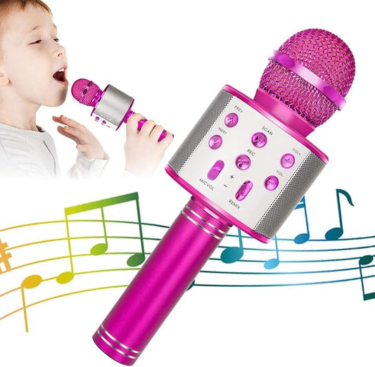 KIDWILL Wireless Bluetooth Karaoke Microphone for Kids, 5-in-1 Portable Handheld Karaoke Mic Speaker Player Recorder with Adjustable Remix FM Radio for Kids Girls Boys Teens Birthday-Hot Pink