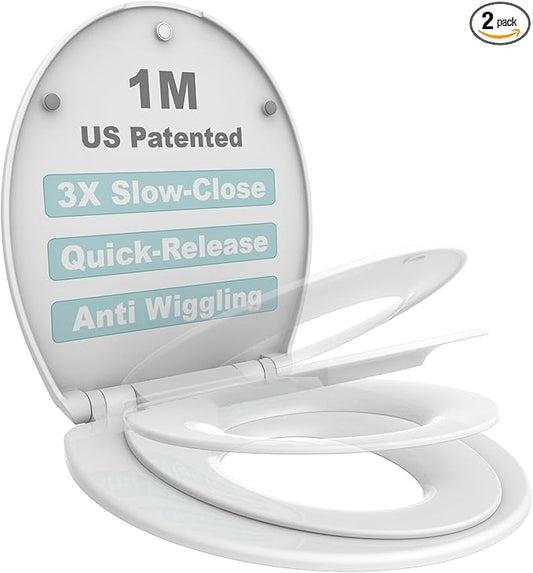 Round Toilet Seat with Toddler Seat Built In, 3X Slow Close FOR BOTH TODDLER & ADULT Seats, Potty Training Toilet Seat, No Wiggle and Easy to Install, Detachable Toddler Seat, White (2Pcs Pack)