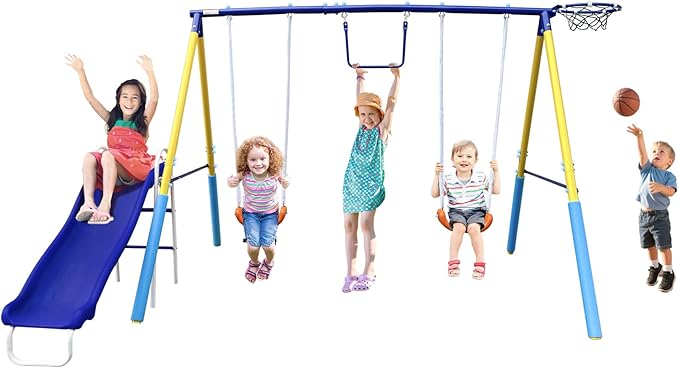 5-in-1 Backyard Swing Set for Kids Ages 3-8 | Outdoor Playset with Slide, 2 Safe Swing Seats, Basketball Hoop & Gymnastics Rings | Heavy-Duty HDPE & Steel Frame