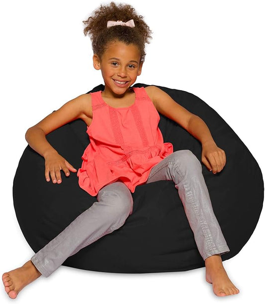 Posh Creations Bean Bag Chair Round EPS Filled Seat for Toddlers and Kids, Comfy Chair for Children, Large 38 Inch, Nylon - Solid Black