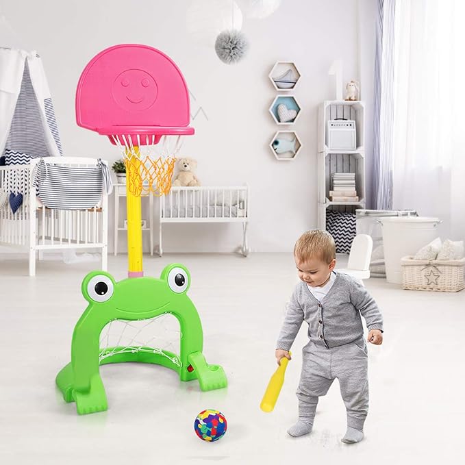 Costzon Toddler Basketball Hoop, 3-in-1 Sports Set for Basketball, Baseball & Football, 6 Height Adjustable Basketball Toy Activity Center for Indoor & Outdoor, Best Gift for Kids (Cute Frog)