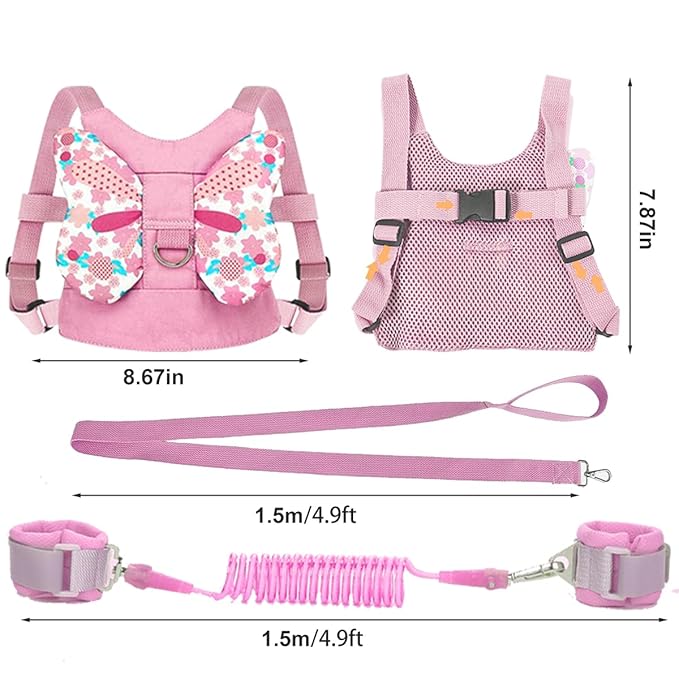 Anti Lost Toddler Harness - Butterfly Baby Leash and Wrist Link with Lock, Child Walking Harness Assistant for Girls, Cute Traction Safety Leash for Kids, Holiday Travel Christmas Gift, Pink