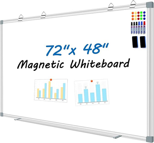 H-Qprobd 6'x4' Large Magnetic White Board Dry Erase Whiteboard with Aluminum Frame, 72"X48" Hanging White Boards for Wall with Long Pen Tray, Presentation Board for Office Classroom Home