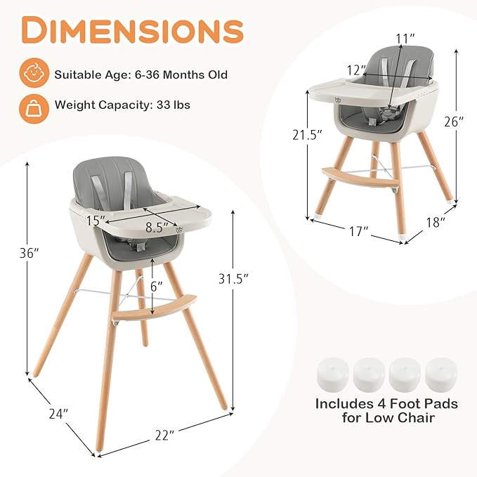 BABY JOY Convertible Baby High Chair, 3 in 1 Wooden Highchair/Booster/Chair with Removable Tray, Adjustable Legs, 5-Point Harness, PU Cushion and Footrest for Baby, Infants, Toddlers (Gray)