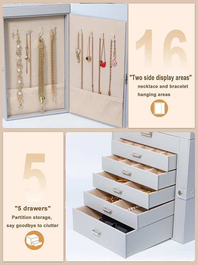 BOOVO Jewelry Box For women, 6 Layer Large Jewelry Organizer With Mirror, Multi-Function Storage Box With Lock, Necklace Holder With 5 Drawers, For Earrings Necklace Bracelet (Silver and Grey)