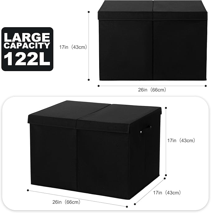 popoly 122L Large Toy Box Chest with Lid, Foldable Toy Storage Organizer Bin Boxes with Removable Divider for Kids, Boys, Girls, Nursery, Playroom, 26"x17" x17"(Linen Black)