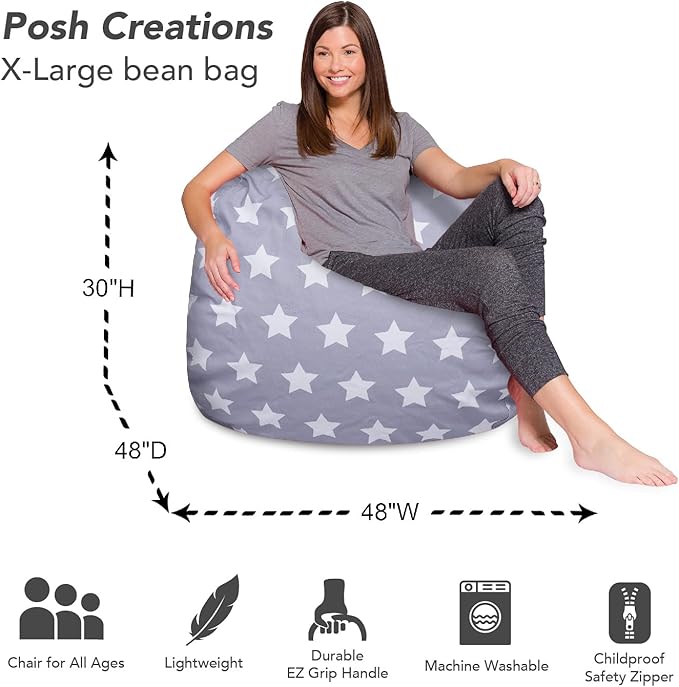 Posh Creations Bean Bag Chair for Kids, Teens, and Adults Includes Removable and Machine Washable Cover, Canvas White Stars on Gray, 48in - X-Large