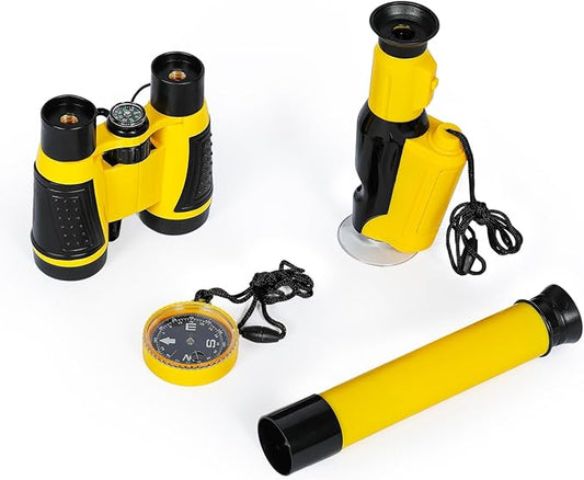 KON-TIKI 4-in-1 Kids Explorer Kit – 4x30 Binoculars with Compass, 20x–40x Handheld Microscope, 12x30 Telescope, Glow-in-The-Dark Compass – Outdoor Adventure & Nature Exploration Toy for Ages 4+