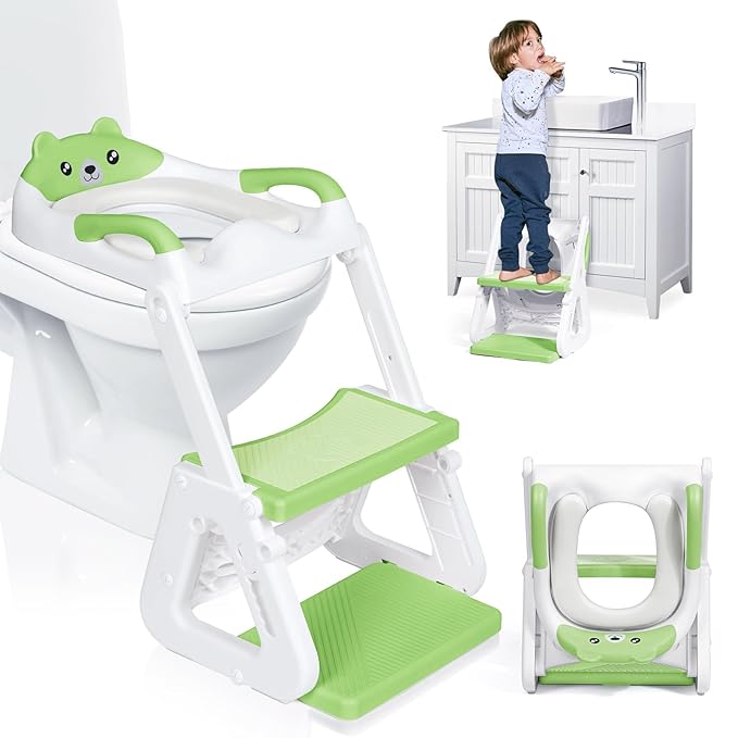Orzbow 2-IN-1 Potty Training Seat with Step Stool, Height Adjustable Toilet Seat for Toddler, Potty Training with Splash Guard for Kids Boys Girls, Stability Ladder and Anti-Slip Pad, Green