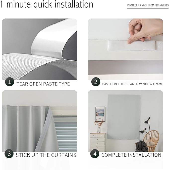 self Adhesive Curtains Portable Blackout Curtain Simple and Easy to Install Bedroom Window Thermal Lnsulated Kitchen Room Darkening Black Small Drapes, 47" W X 79" L, White, 1 Panel