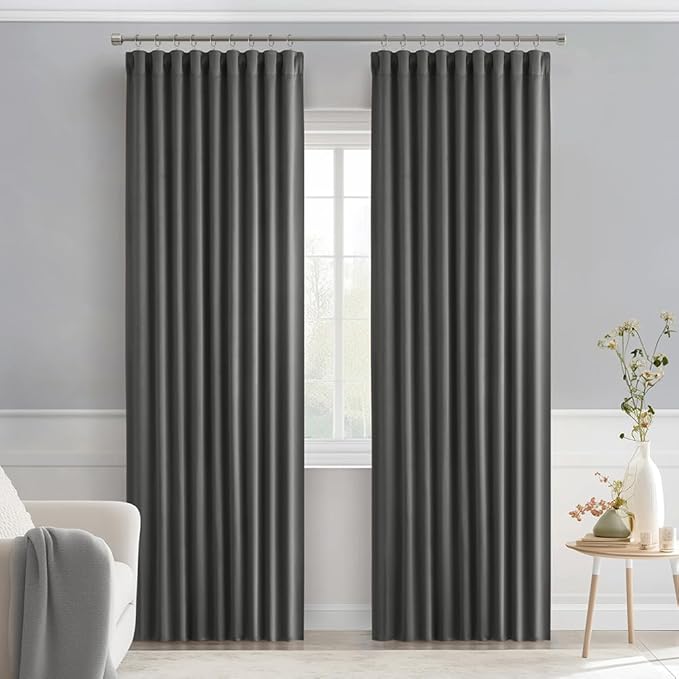 MIULEE Back Tab Grey Blackout Curtains 90 Inch Long 2 Panels Set for Living Room Bedroom Privacy, Rod Pocket/Pinch Pleated Thermal Insulated Room Darkening Light Blocking Curtains, 52 x 90 Inch