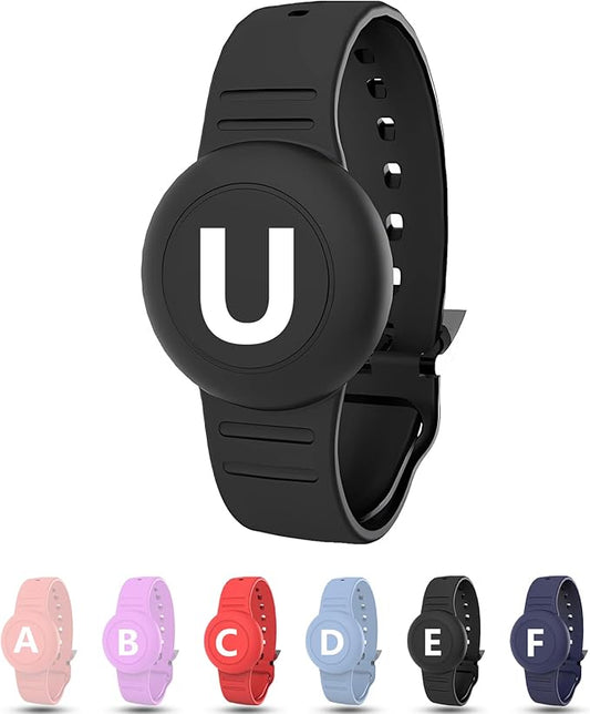 Waterproof Bracelet for AirTag Kids, Personalized Initial Letter Hidden Holder Compatible with Air Tag, Silicone Case for Airtag Adjustable Anti-Lost GPS Tracker for Toddler Child Elder, U