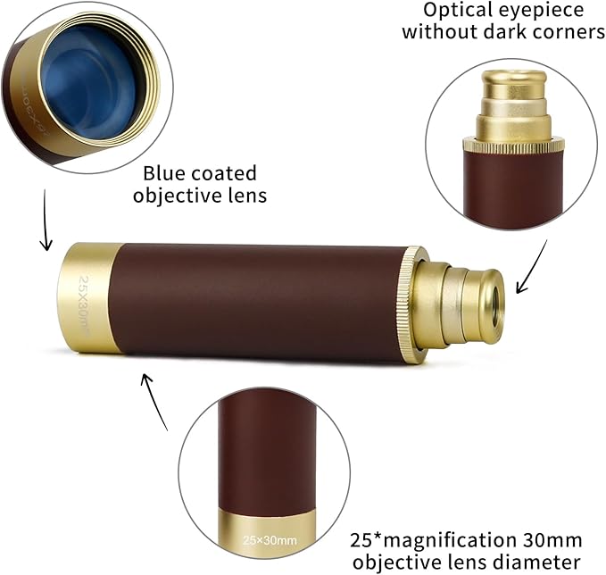 NewDoar 25x30 Zoomable Monocular Vintage Pirate Telescope - Waterproof Aluminum Alloy Brass Adjustable Optics Telescope for Travel Navigation Sailing Voyage View Watching Games(Gold)