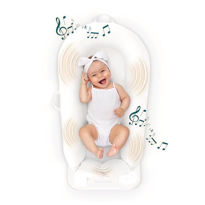 MyBaby 3-in-1 Calming Baby Cushion, Soothing Comfort for Newborns & Infants, Snuggling Sensation, Sound and Vibration, Designed for Safety, Rechargeable & Machine-Washable, by Homedics, White