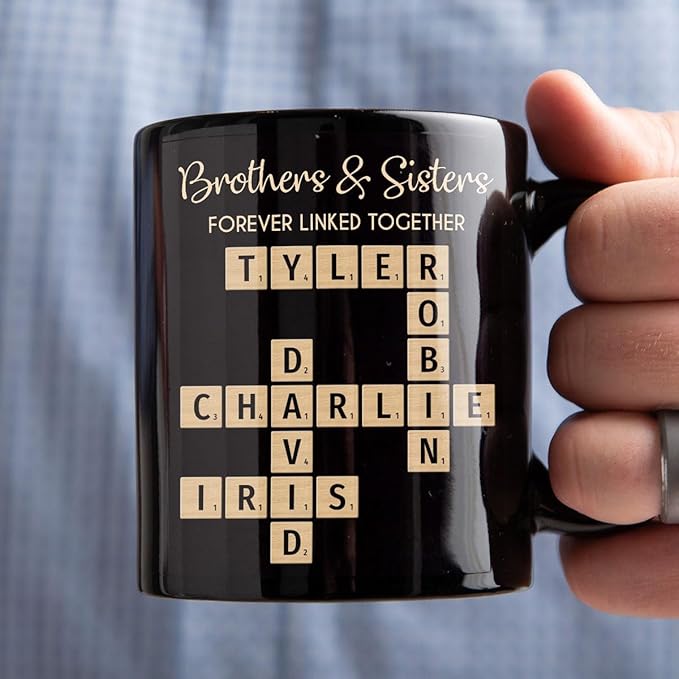 Family Puzzle Mug - Brothers & Sisters Forever Linked Together - Personalized For Family, Sister, Brother, Siblings - Scrabble Coffee Mug - Gifts For Christmas, Birthday, Anniversary