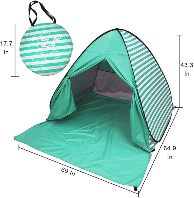 Pop Up Beach Tent Shade Sun Shelter UPF 50+ Canopy Cabana 2-3 Person for Adults Baby Kids Outdoor Activities Camping Fishing Hiking Picnic Touring (Lake Green Stripes)