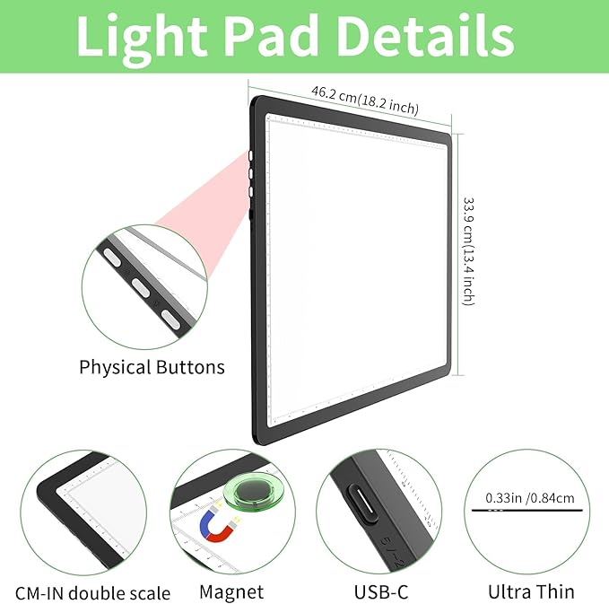 KOBAIBAN A3 Magnetic Light Box with Bag, Rechargeable Diamond Art Light Board with Side Physical Buttons, 3 Color Light Modes Super Bright Light Pad Light Table for Tracing, Drawing, Sketching (Black)