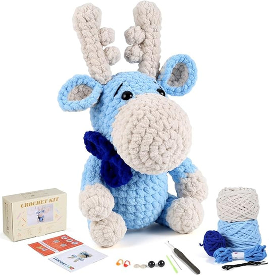 Crochet Animal Kit – 10in Adorable MOOSE, Amigurumi Crochet Kit For Intermediate Advanced level, Kids Knitting Kit with Detailed Videos Tutorials, Yarn, Crochet Hook, Best Gift For Crochet Lovers