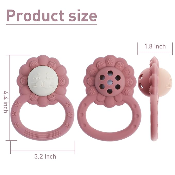 Rattle Teether, Lion Shape Montessori Baby Sensory Teething Toys, Food Grade Silicone BPA Free, Newborn Essentials Must Haves (Daffodil Clay)
