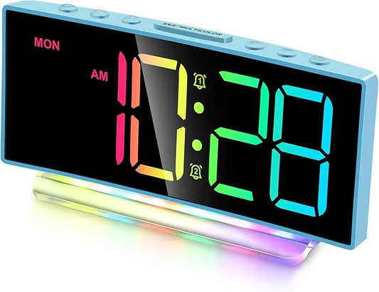 Cadmos Loud Alarm Clock for Heavy Sleepers Adults,Kids,Teens,Digital Desk Clock with USB Port,Large Numbers,7 Color Night Light,Modern Electronic Plug in Simple Clock for Bedroom(Blue+Dynamic)