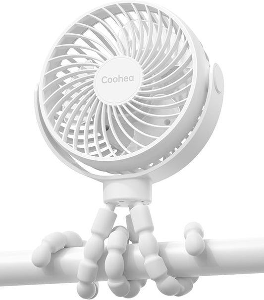 Stroller Fan Clip on for Baby, 4000mAh Rechargeable Battery Operated, Flexible Tripod, 3 Wind Speed, 360° Rotatable, Small Portable Fan for Car Seat Crib Golf Cart Bike Beach Travel, White