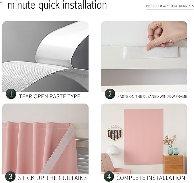 Self Adhesive Blackout Curtains- Stick on Curtains Shades Window Blinds Curtains No Rod Needed Easy to Hang Curtain, Use for Bedroom, Living Room,Roman Shades, 35" W X 79" L, Pink, 1 Panel