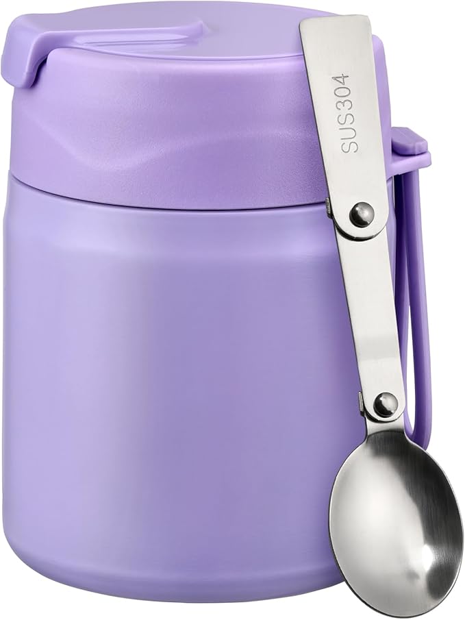 17oz Soup Thermo for Hot Food Kids Insulated Vacuum Food Jar with Stainless Steel Spoon Wide Mouth Thermo Leakproof Lunch Food Container Kids Hot Lunch Box (Purple)