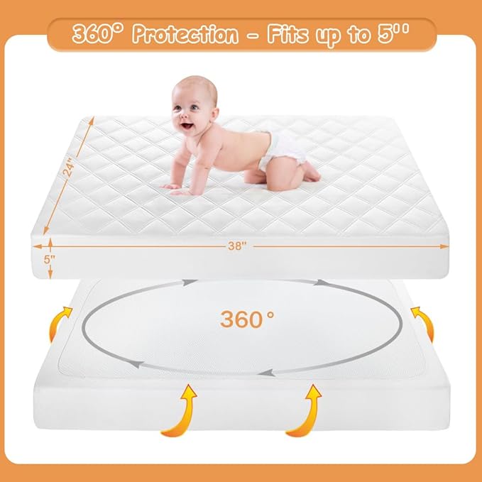 Yoofoss Waterproof Mini Crib Mattress Protector 2 Pack, Quilted Mattress Pad Cover Soft and Breathable, Machine Washable Portable Mattress Protector for Standard Baby Crib Size 38"X24"