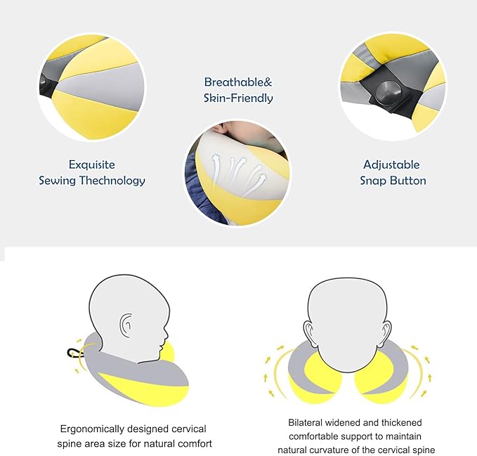MOOB Kids Travel Pillow for Car Seat Kids U-Shape Travel Neck Pillow Support Children Stroller Pillow Grey Yellow